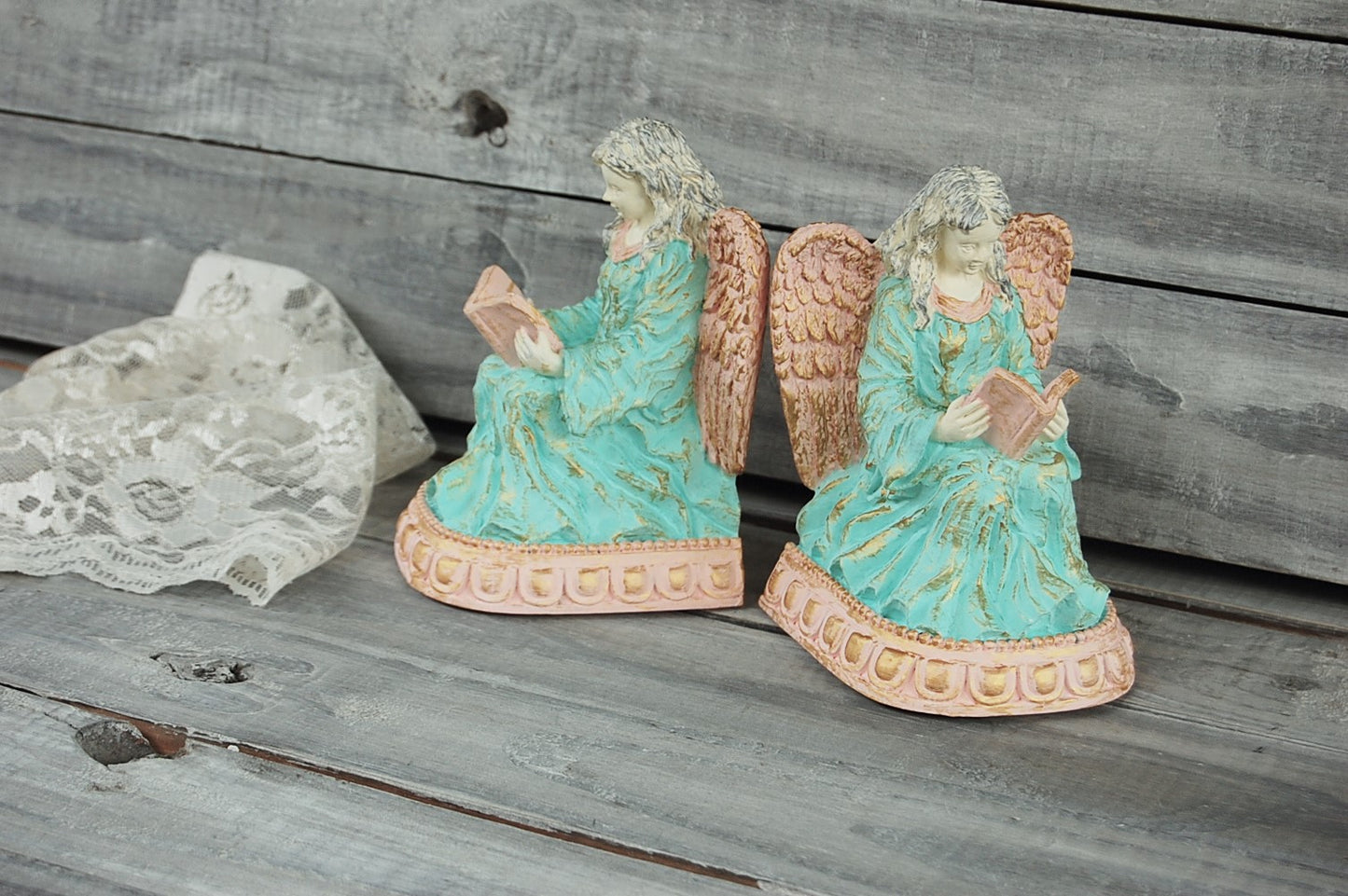 Mint & coral angel bookends