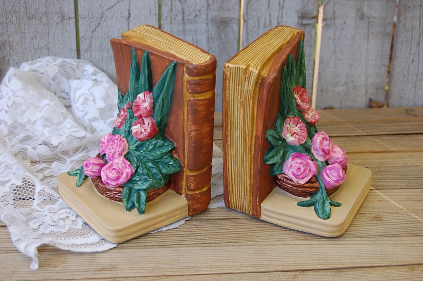 Hand painted bookends with roses - The Vintage Artistry