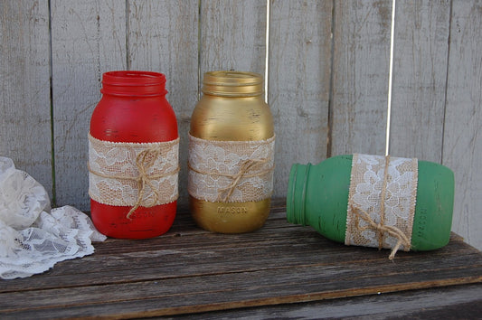Rustic mason jars with burlap and lace