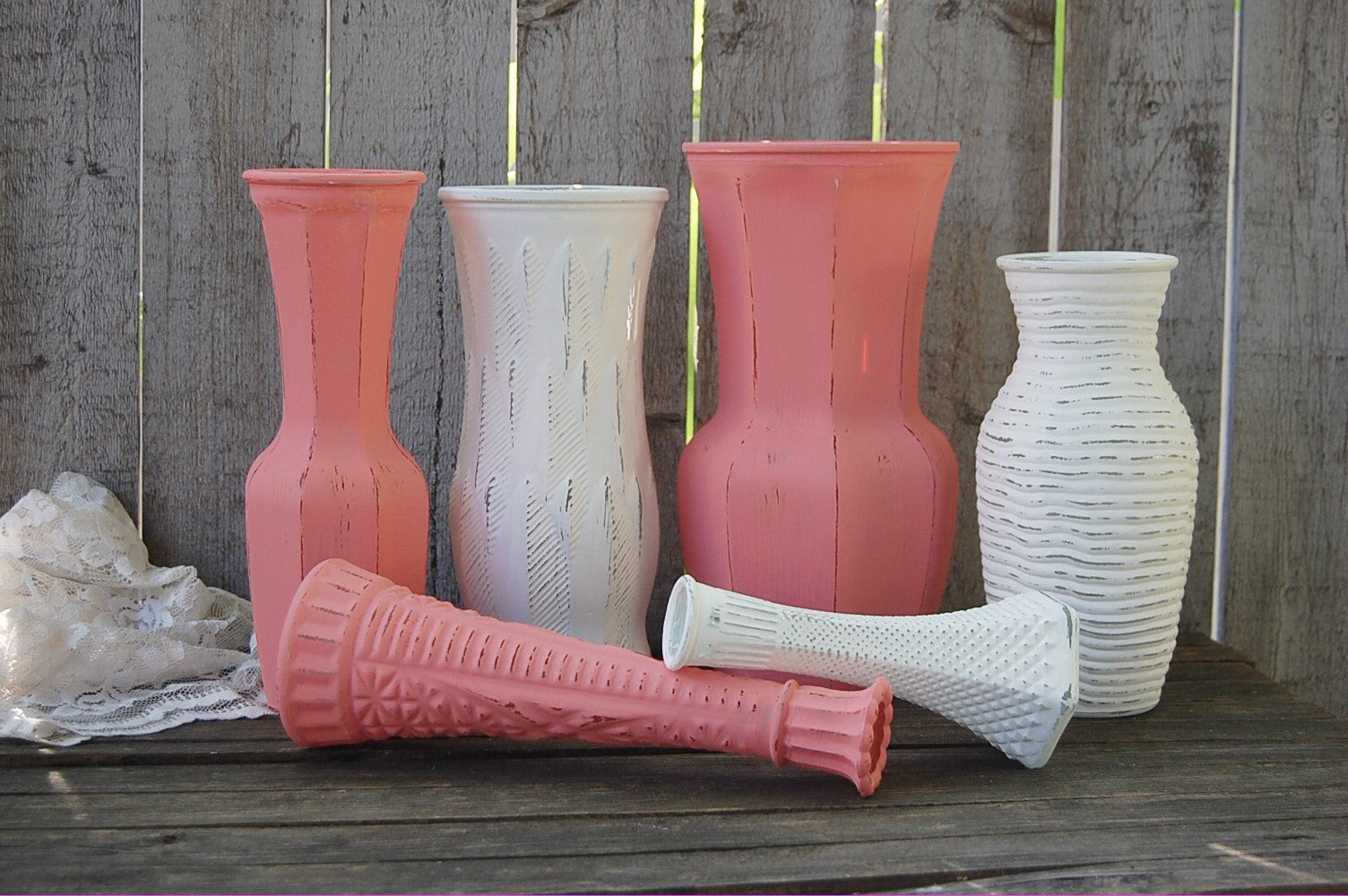 Coral and white painted vases - The Vintage Artistry