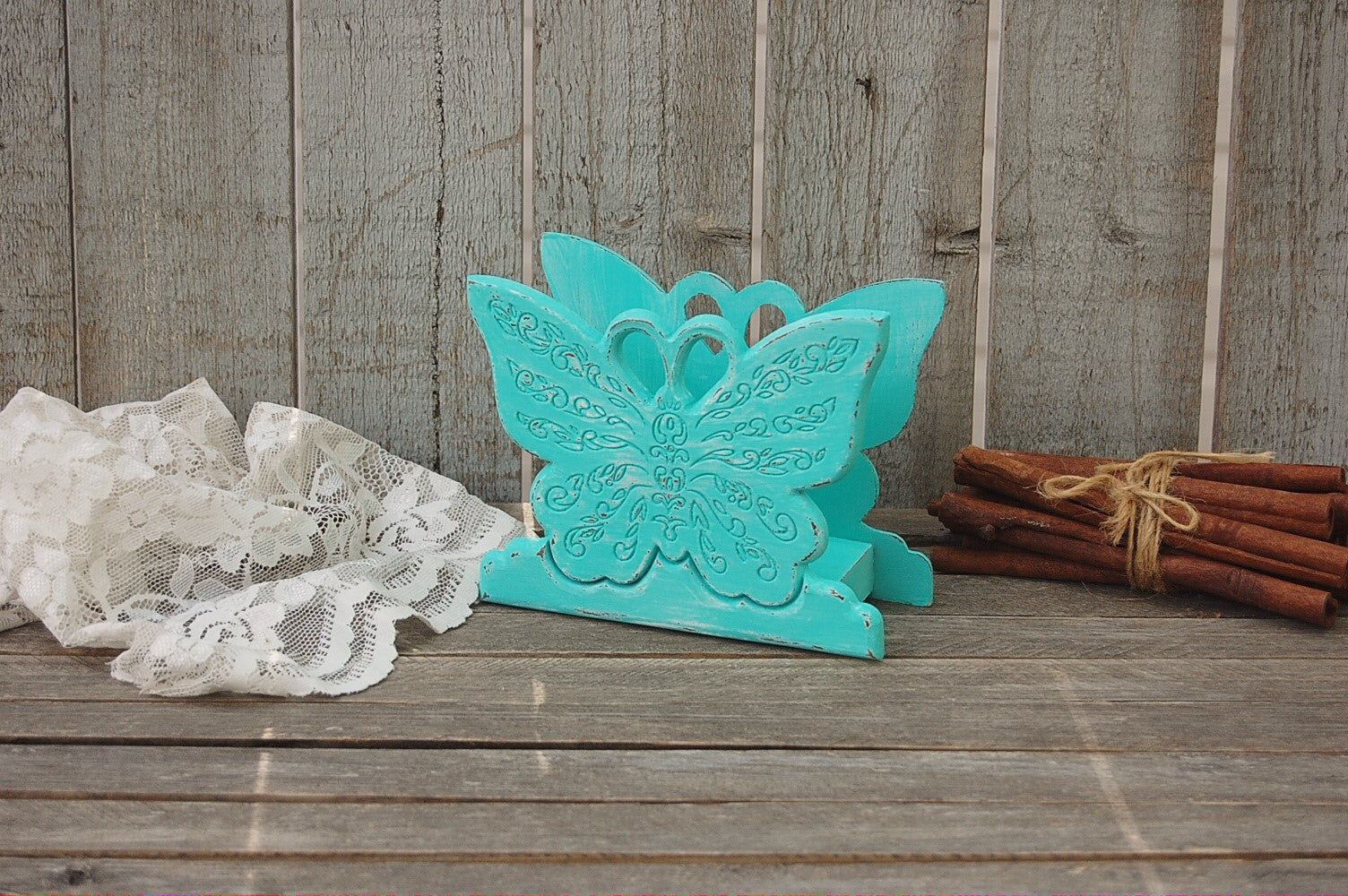 Aqua butterfly napkin holder - The Vintage Artistry