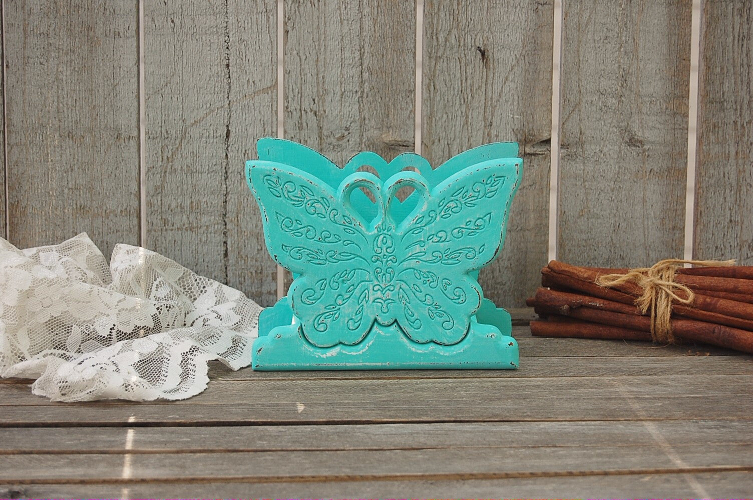 Aqua butterfly napkin holder - The Vintage Artistry