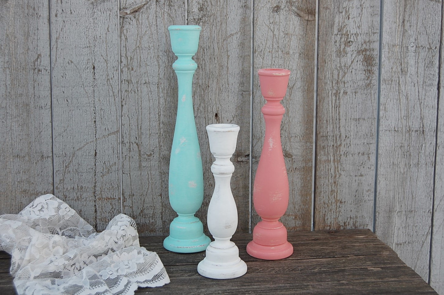 Mint & coral candlesticks - The Vintage Artistry
