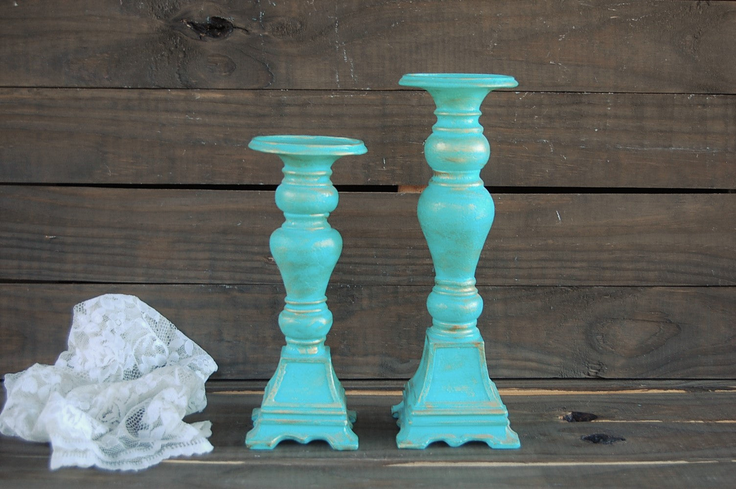 Aqua pillar candle holders - The Vintage Artistry