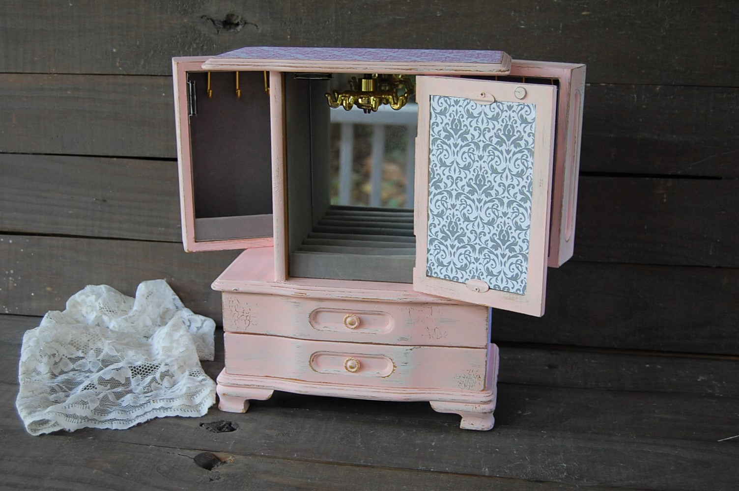 Pink & grey damask armoire - The Vintage Artistry