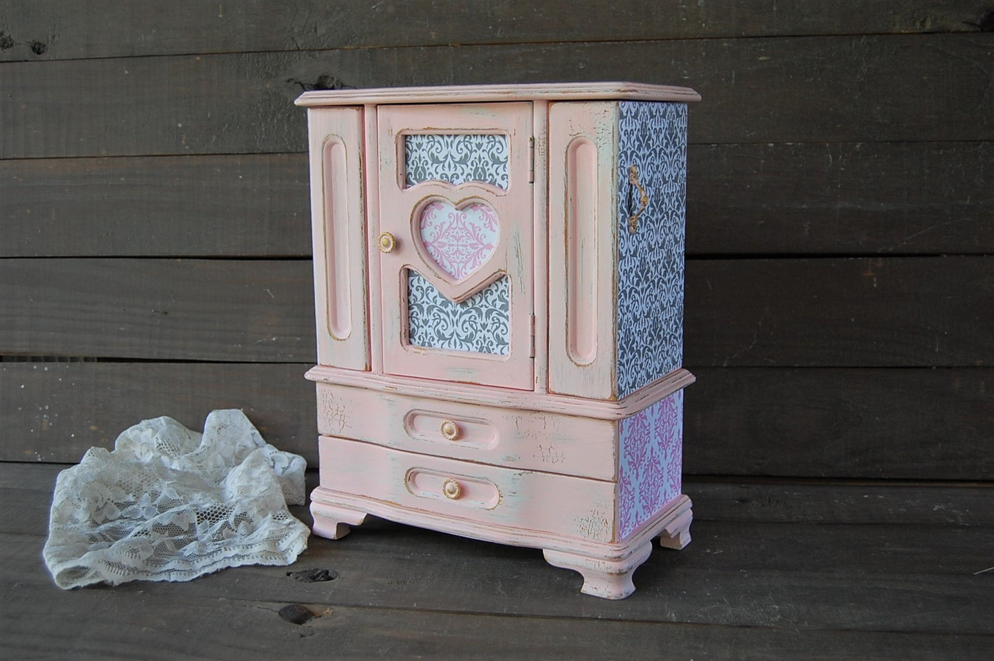 Pink & grey damask armoire - The Vintage Artistry