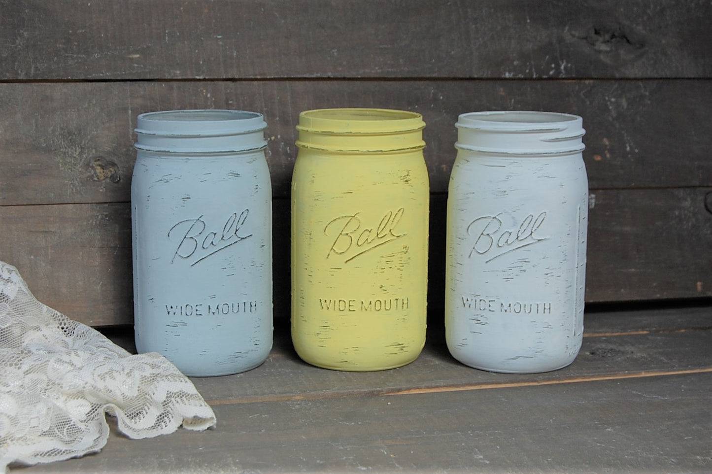 Yellow, grey & white mason jars