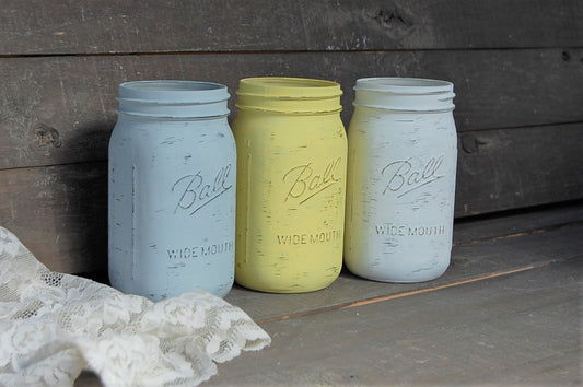 Yellow, grey & white mason jars