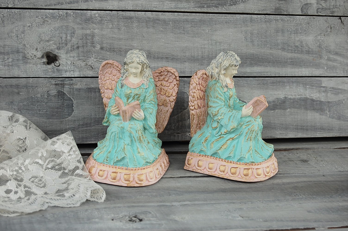 Mint & coral angel bookends