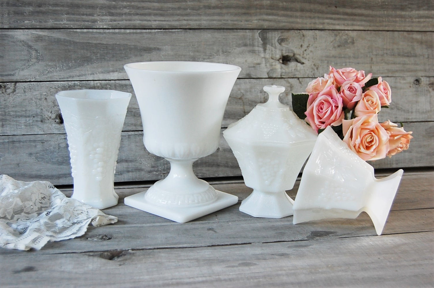 Milk glass compotes & vase