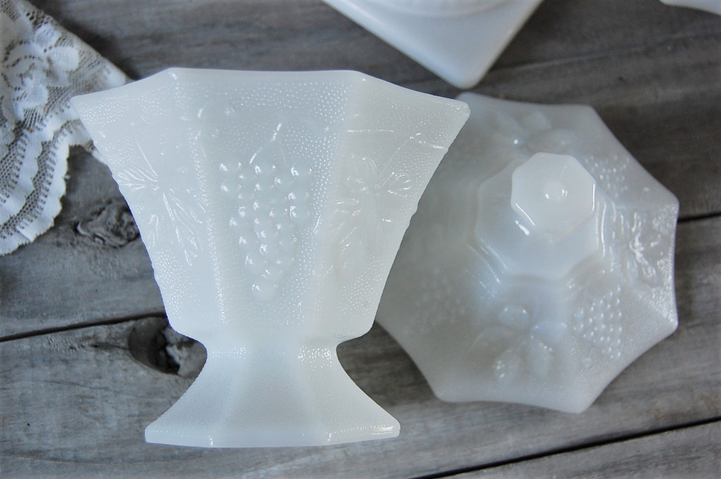 Milk glass compotes & vase