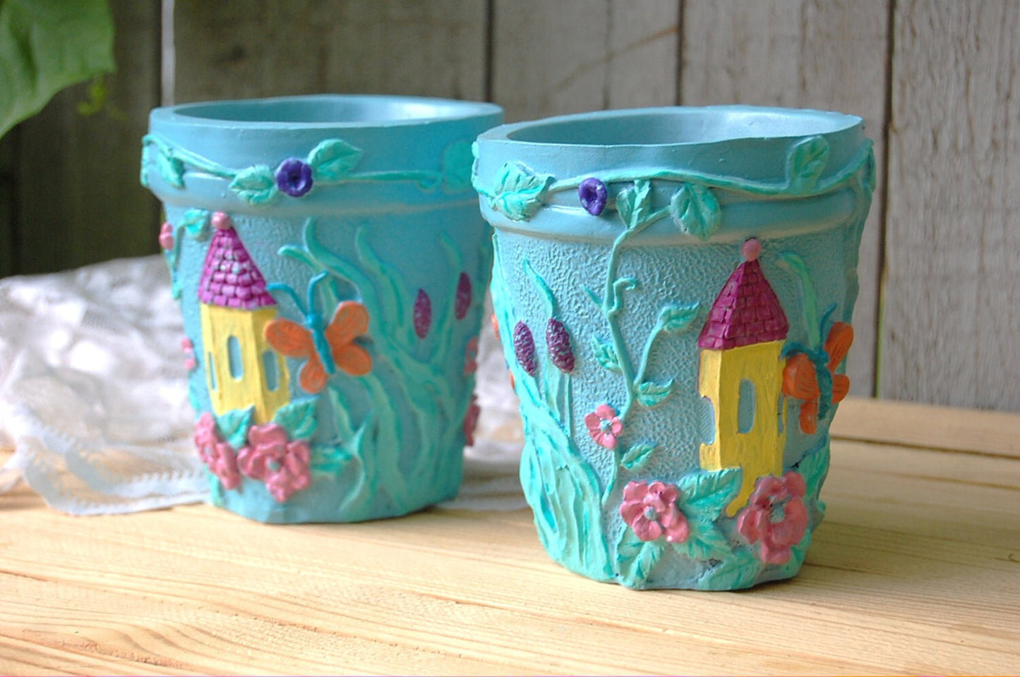 Blue shabby chic flower or herb pots - The Vintage Artistry