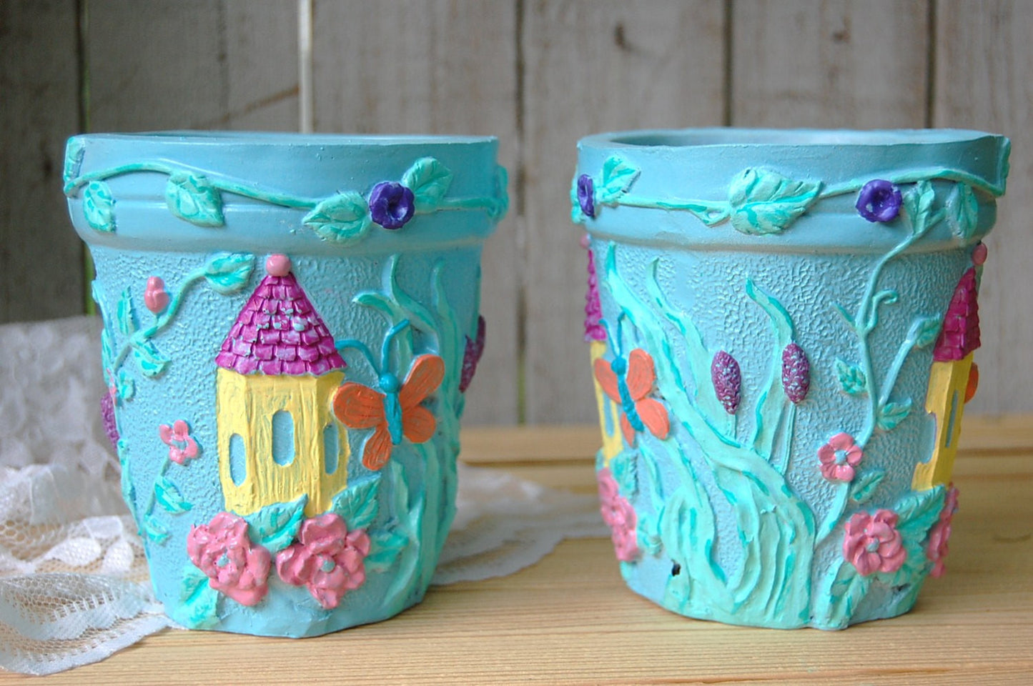 Blue shabby chic flower or herb pots - The Vintage Artistry