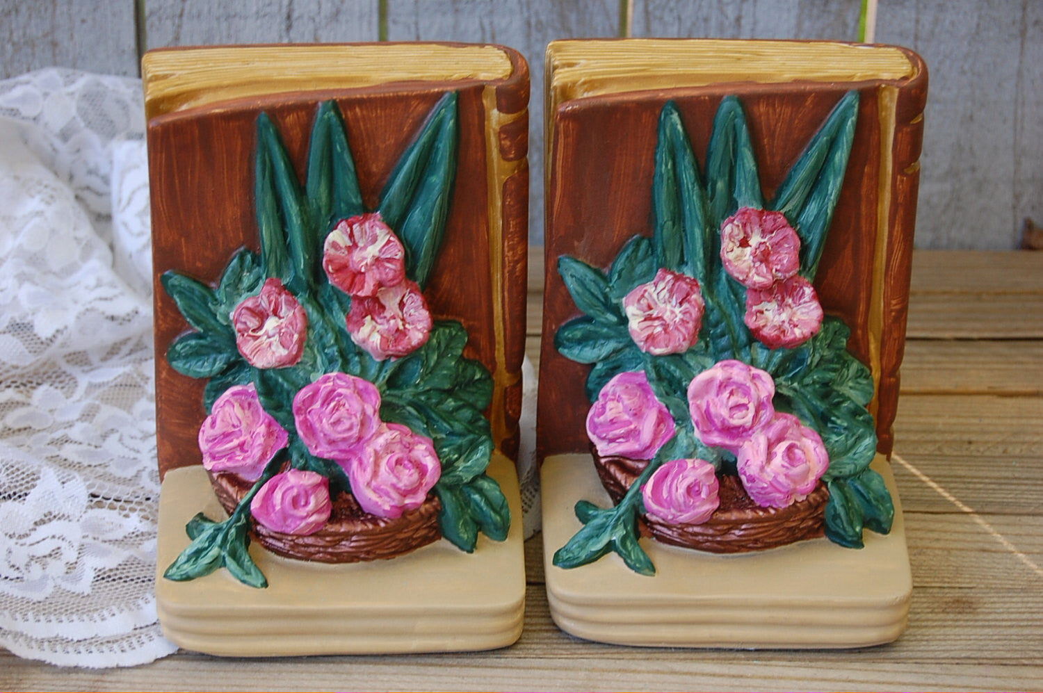 Hand painted bookends with roses - The Vintage Artistry