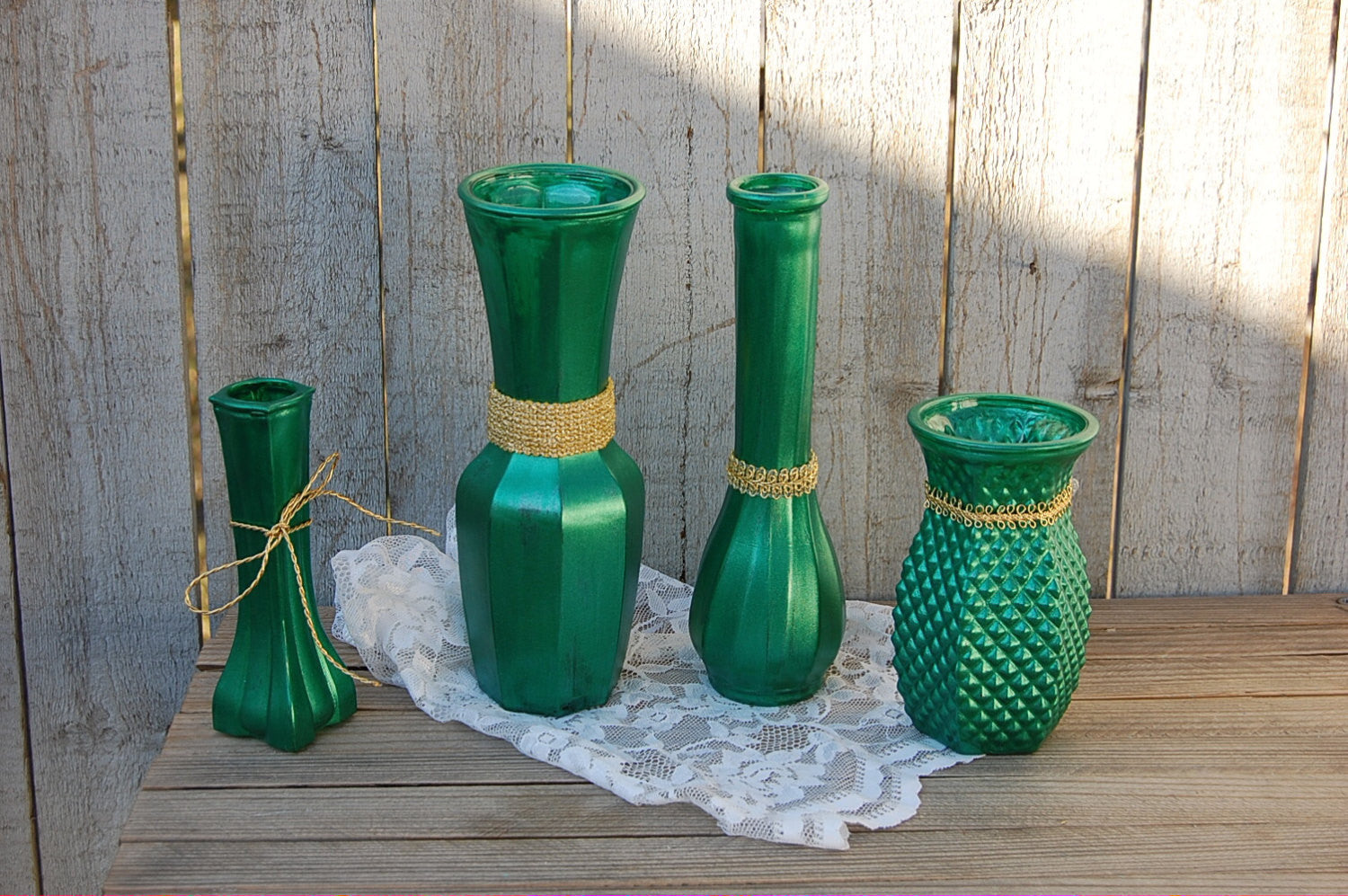 Green and gold glass vase set - The Vintage Artistry