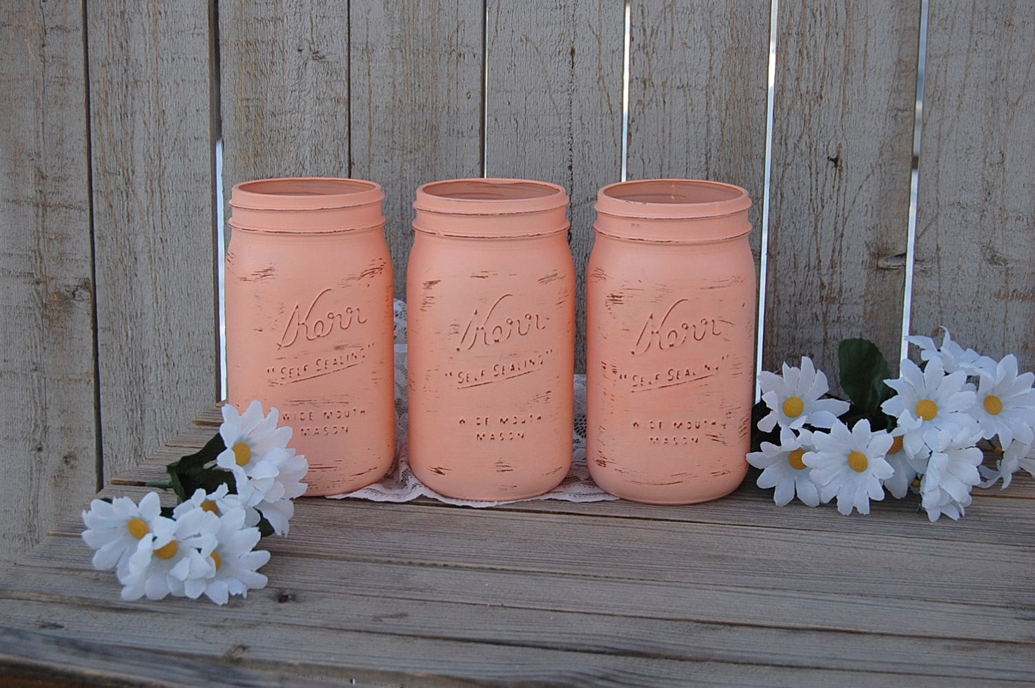 Peach shabby chic mason jars - The Vintage Artistry