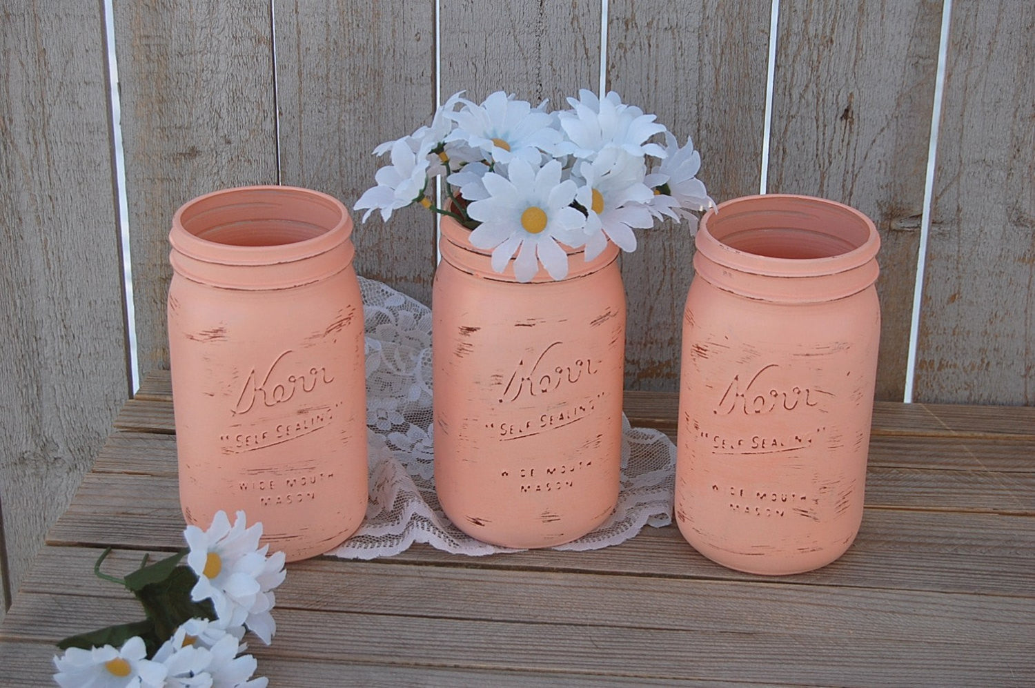 Peach shabby chic mason jars - The Vintage Artistry
