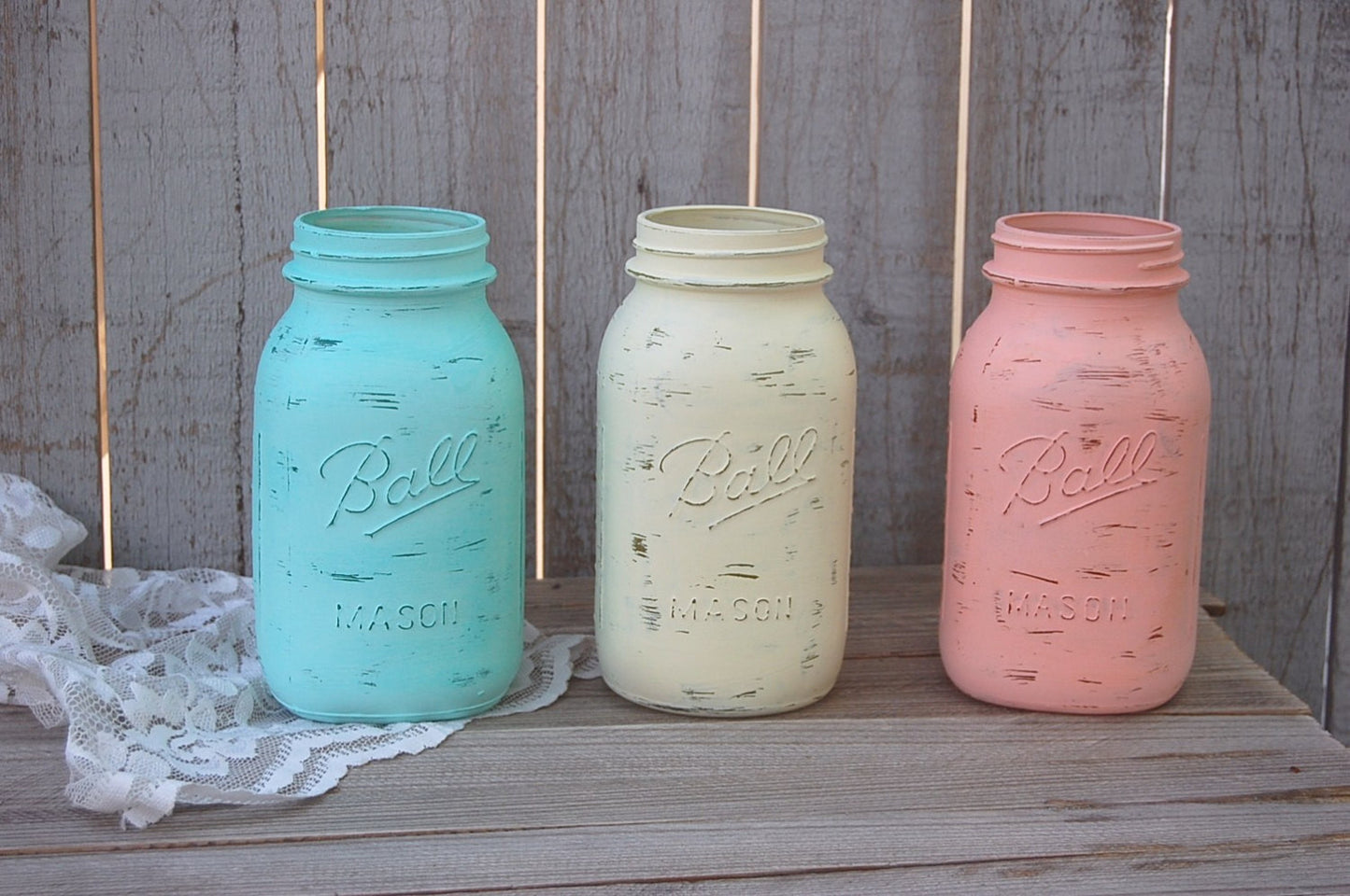 Mason Jars in mint, coral and ivory - The Vintage Artistry