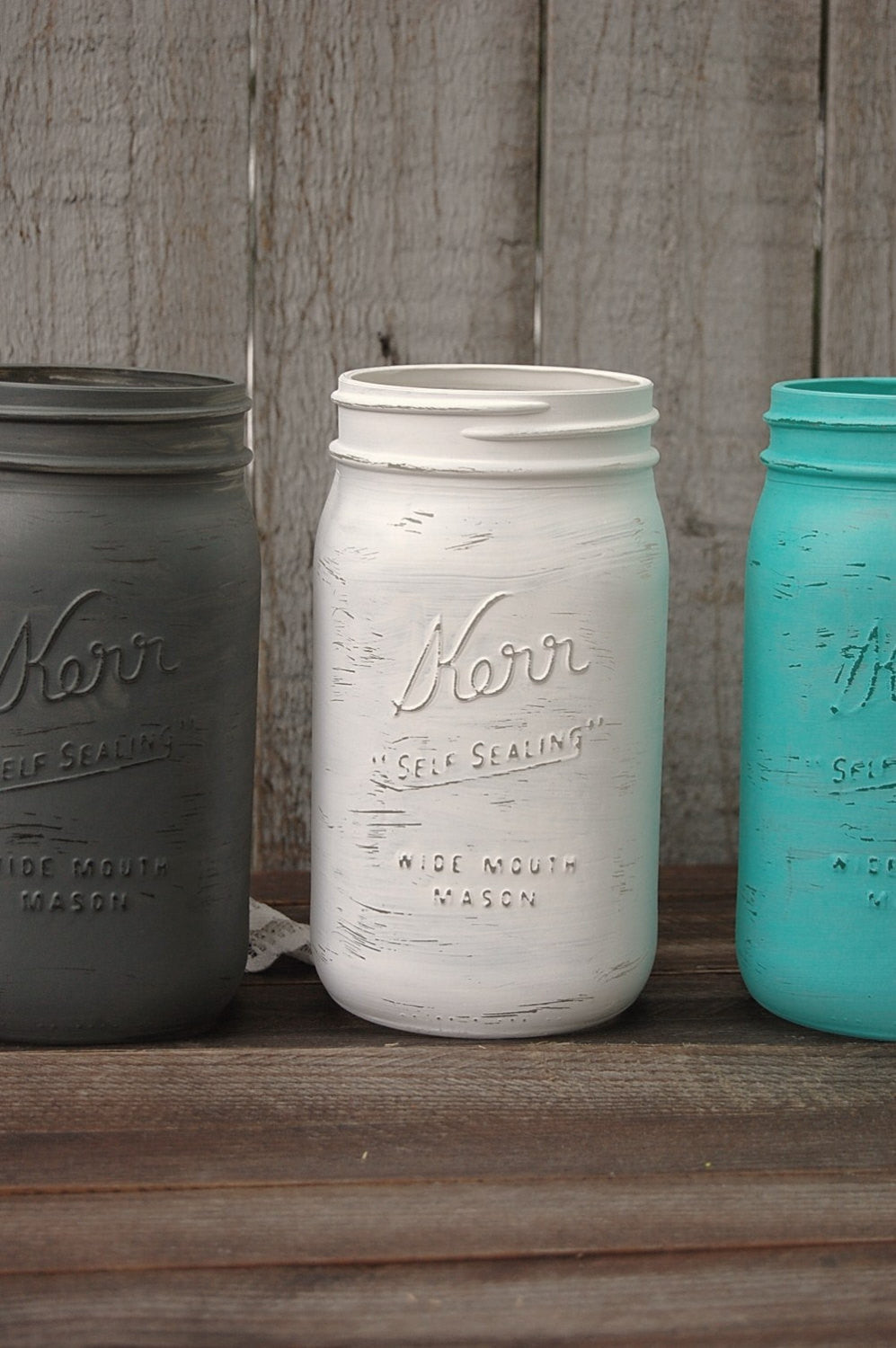 Aqua, grey and white mason jars - The Vintage Artistry