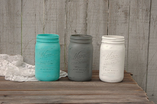 Aqua, grey and white mason jars - The Vintage Artistry