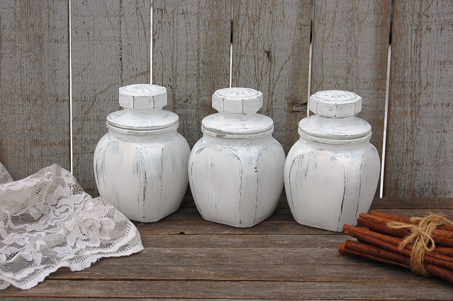 White shabby chic jars