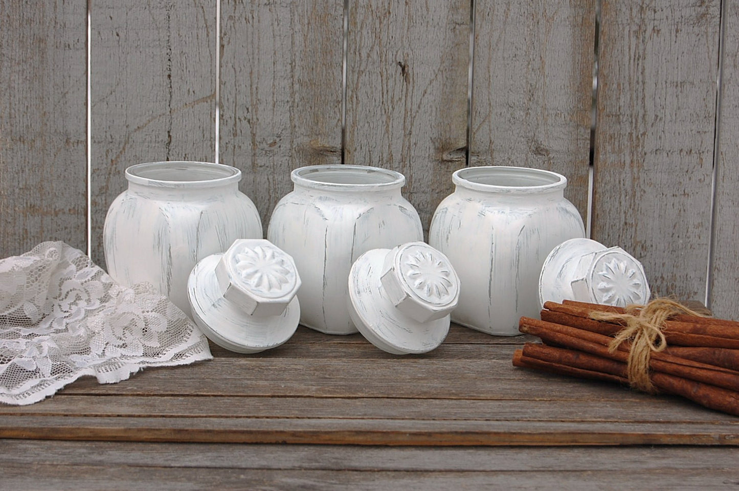 White shabby chic jars